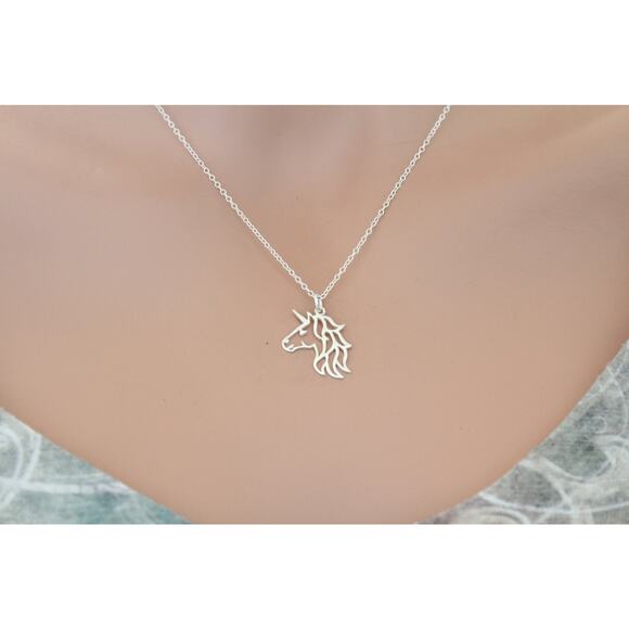 Sterling Silver Unicorn Charm - Openwork Unicorn Head Necklace, - Picture 2 of 5